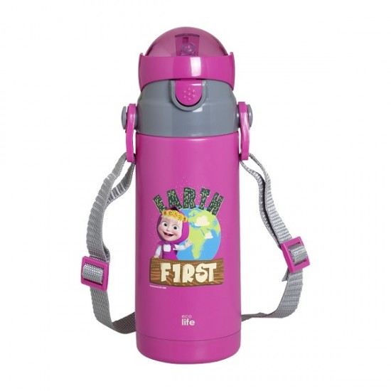 Παγούρι Θερμός Με Καλαμάκι 400ml Kids Thermos 'Masha Earth First' Magenta Ecolife 33-BO-2120