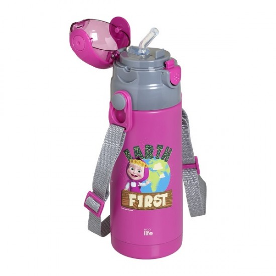 Παγούρι Θερμός Με Καλαμάκι 400ml Kids Thermos 'Masha Earth First' Magenta Ecolife 33-BO-2120