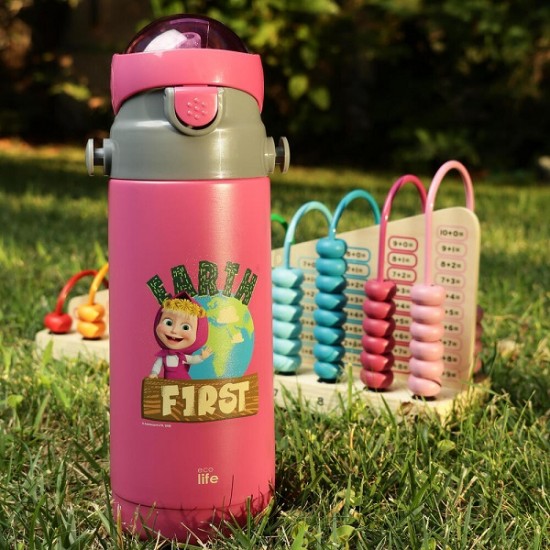 Παγούρι Θερμός Με Καλαμάκι 400ml Kids Thermos 'Masha Earth First' Magenta Ecolife 33-BO-2120